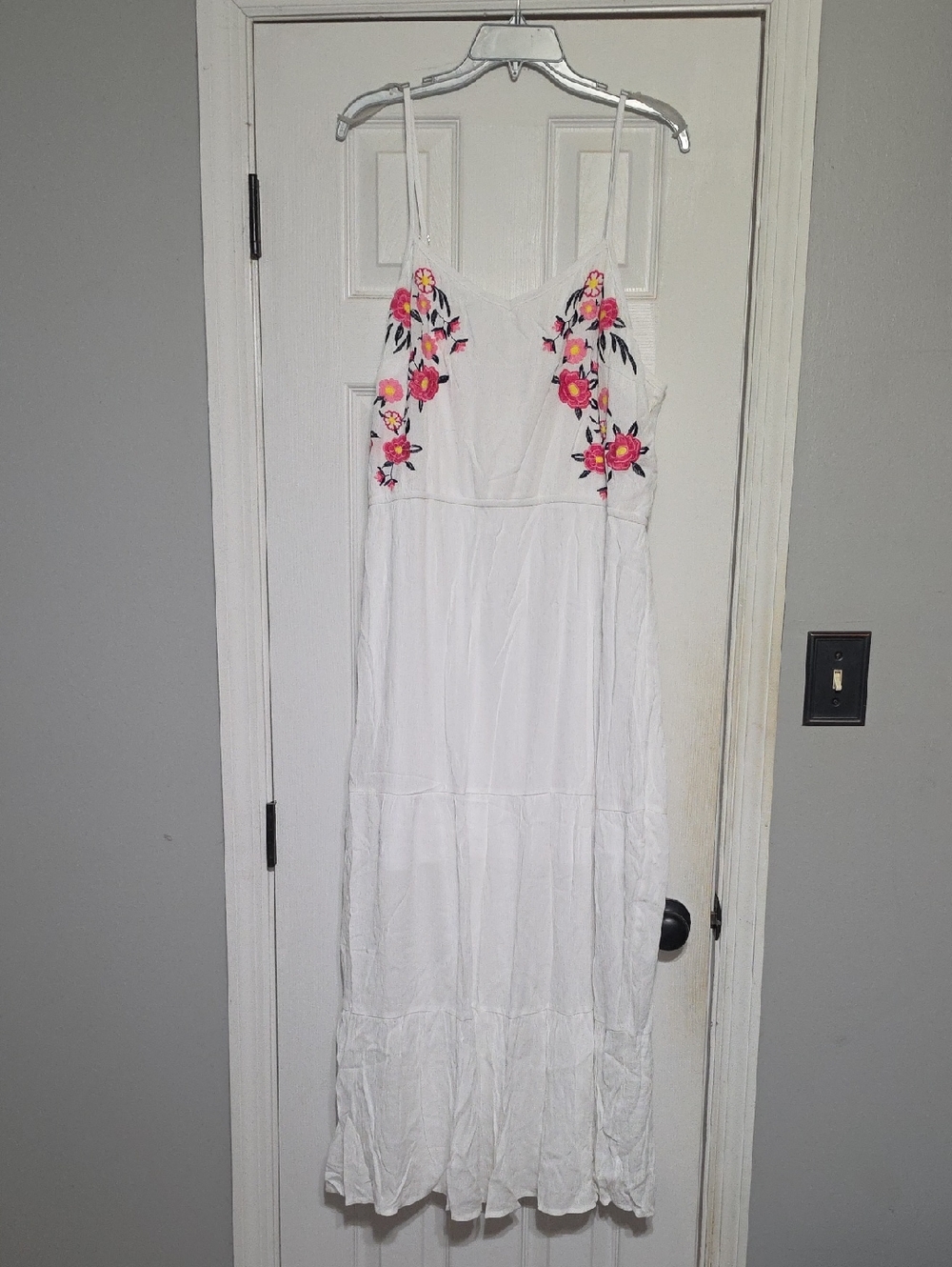 White Maxi Dress with Pink Floral Embroidery